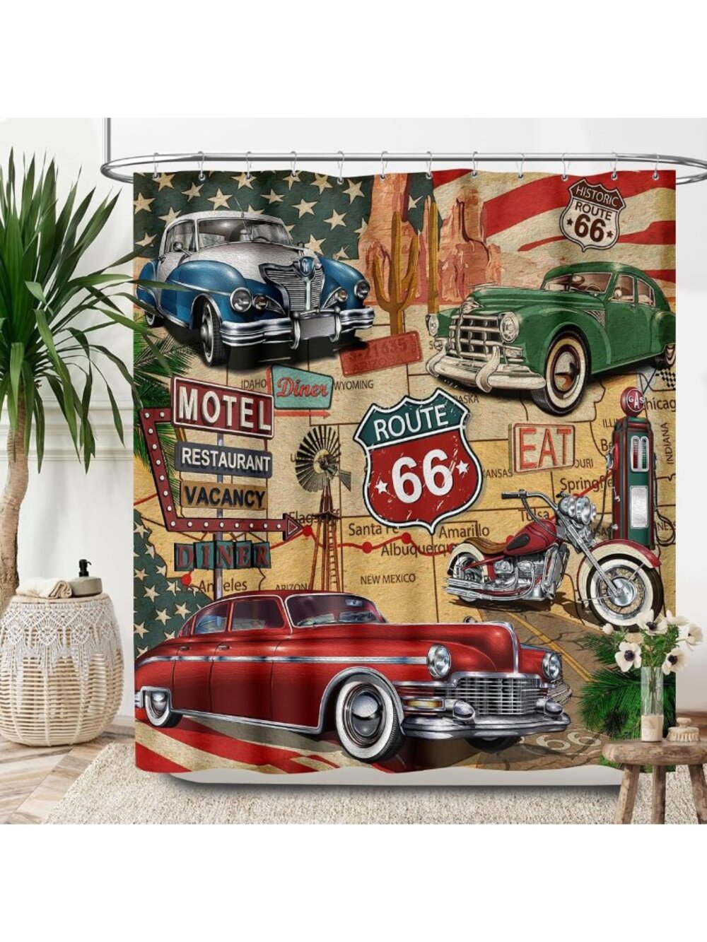 Vintage 1950s Antique Cars Shower Curtain Set - Retro Garage Decor, Waterproof
